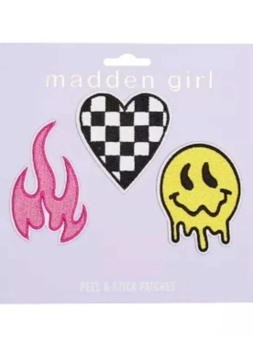 Madden Girl Peel & Stick Patch Set | Pink Flame, Checker Heart & Drip Smiley
